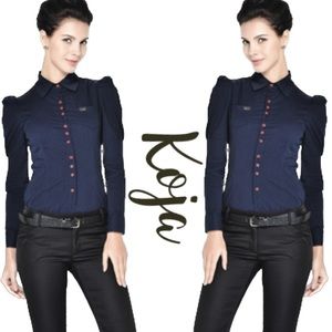 Unique KOJA Dressy Button Down Navy Blouse~Suit XL (See Size Chart)